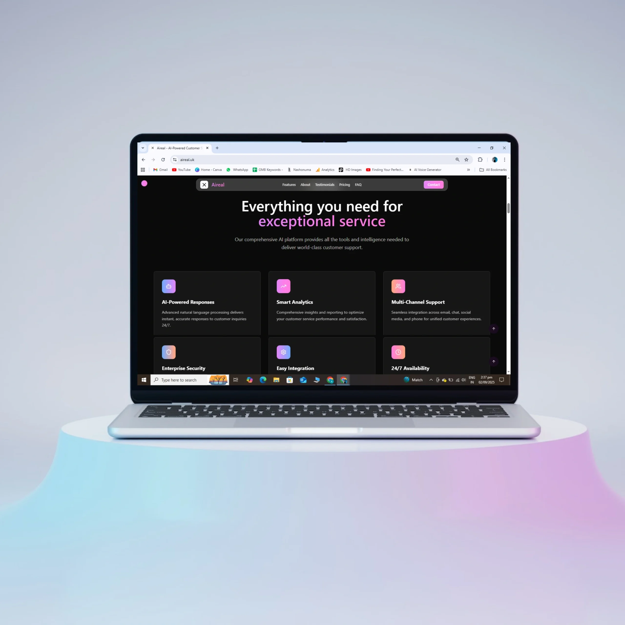 AiReal AI platform feature grid shown on a laptop, with AI-powered responses, smart analytics and multi-channel support cards