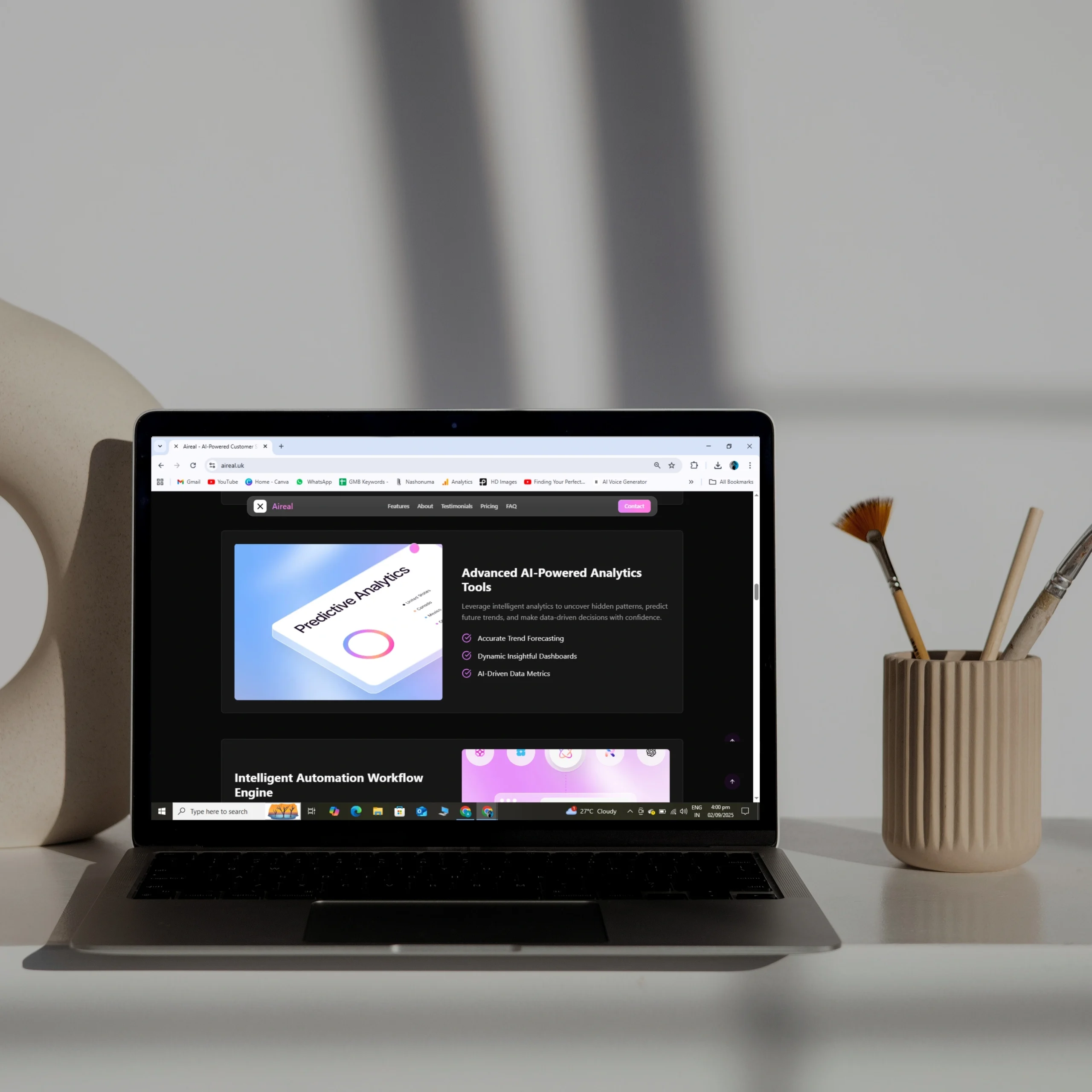 AiReal advanced AI-powered analytics section on a laptop screen showing predictive analytics dashboard mockup