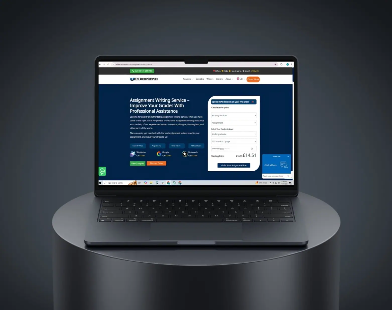 Research Prospect assignment-writing homepage with live price calculator, shown on a laptop
