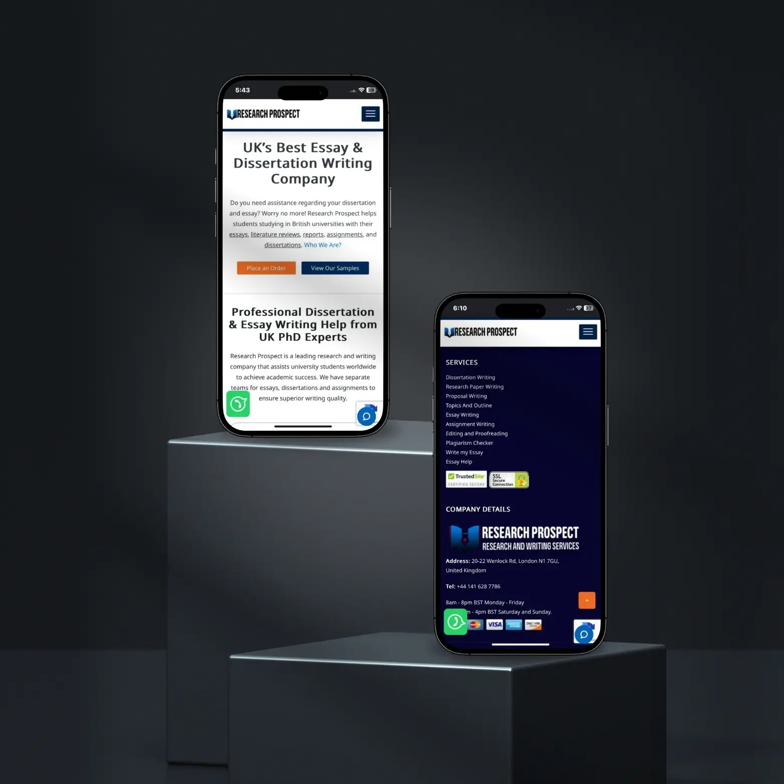 Research Prospect homepage and services menu rendered on two mobile phones