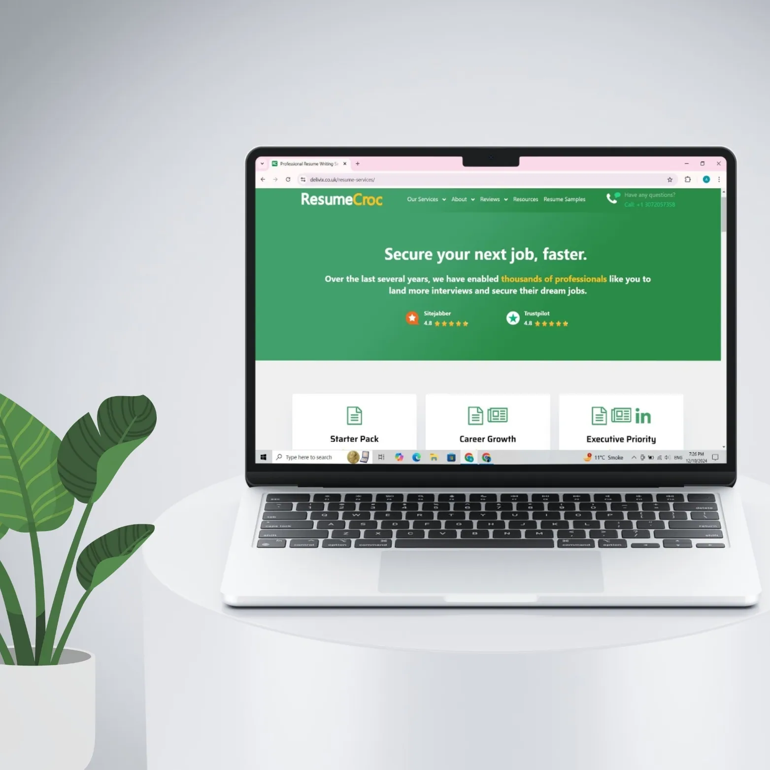 ResumeCroc services page with Starter Pack, Career Growth and Executive Priority tiers on a laptop