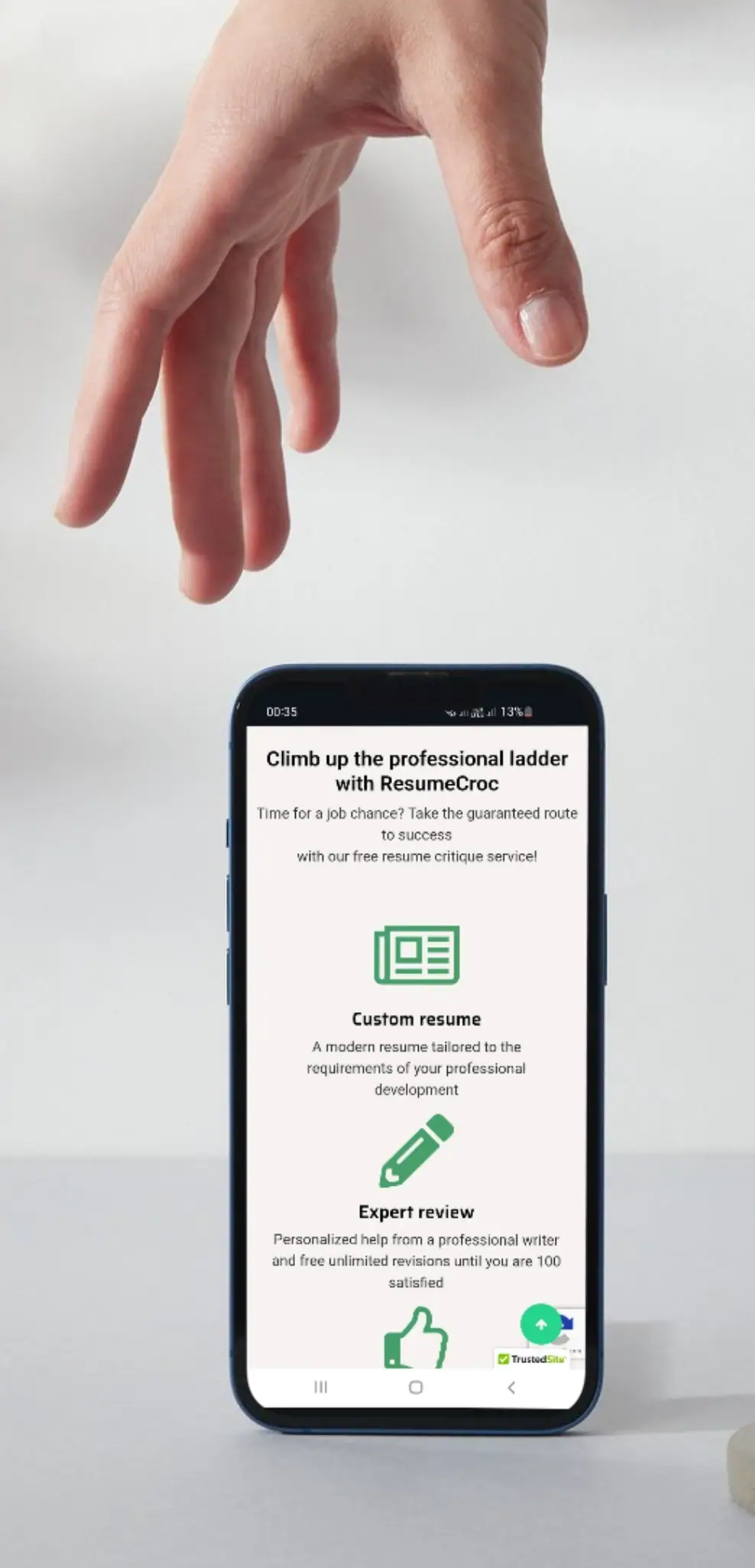 ResumeCroc mobile site showing the custom resume and expert review sections on a phone