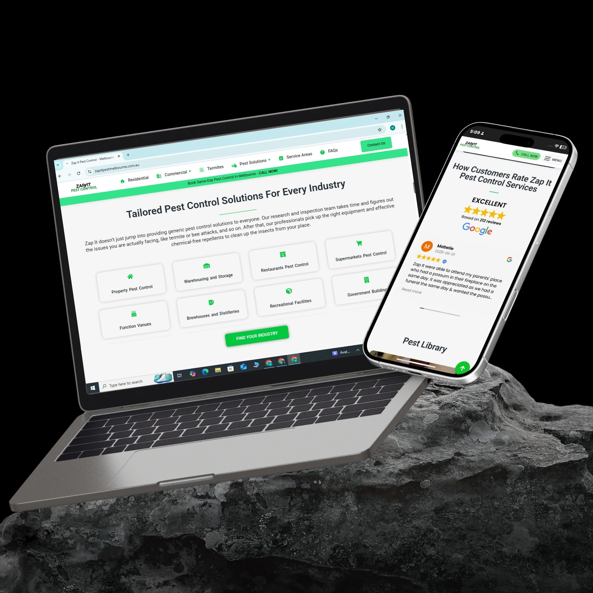 Zap It Pest Control results shown on a device mockup after the rebuild
